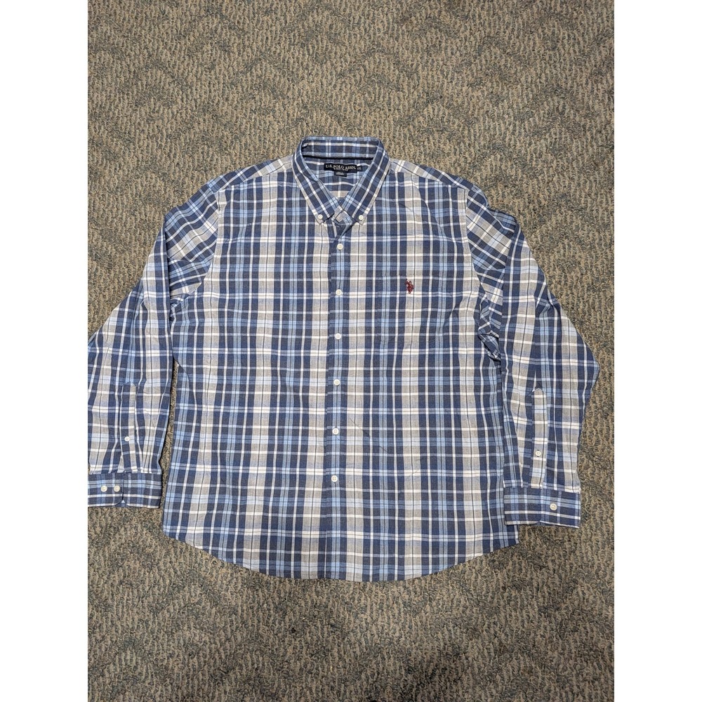 US Polo Assn Mens XXL Blue Plaid Long Sleeve Button Down Shirt Pocket Logo